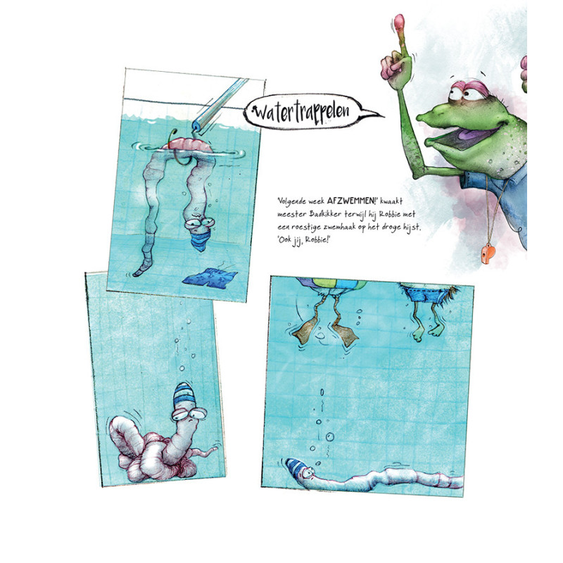 Robbie Regenworm op zwemles!